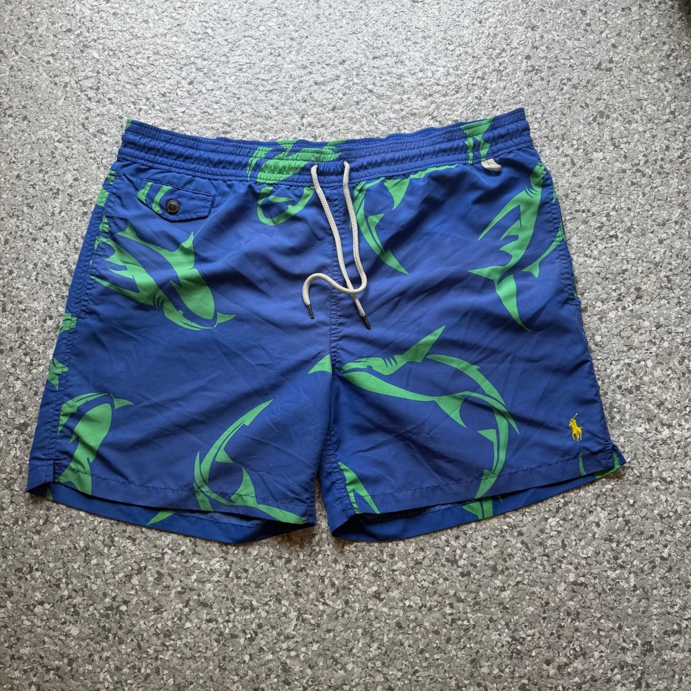 Polo Ralph Lauren Swim Trunks Men's Large Blue Green Shark Print Preppy Summer